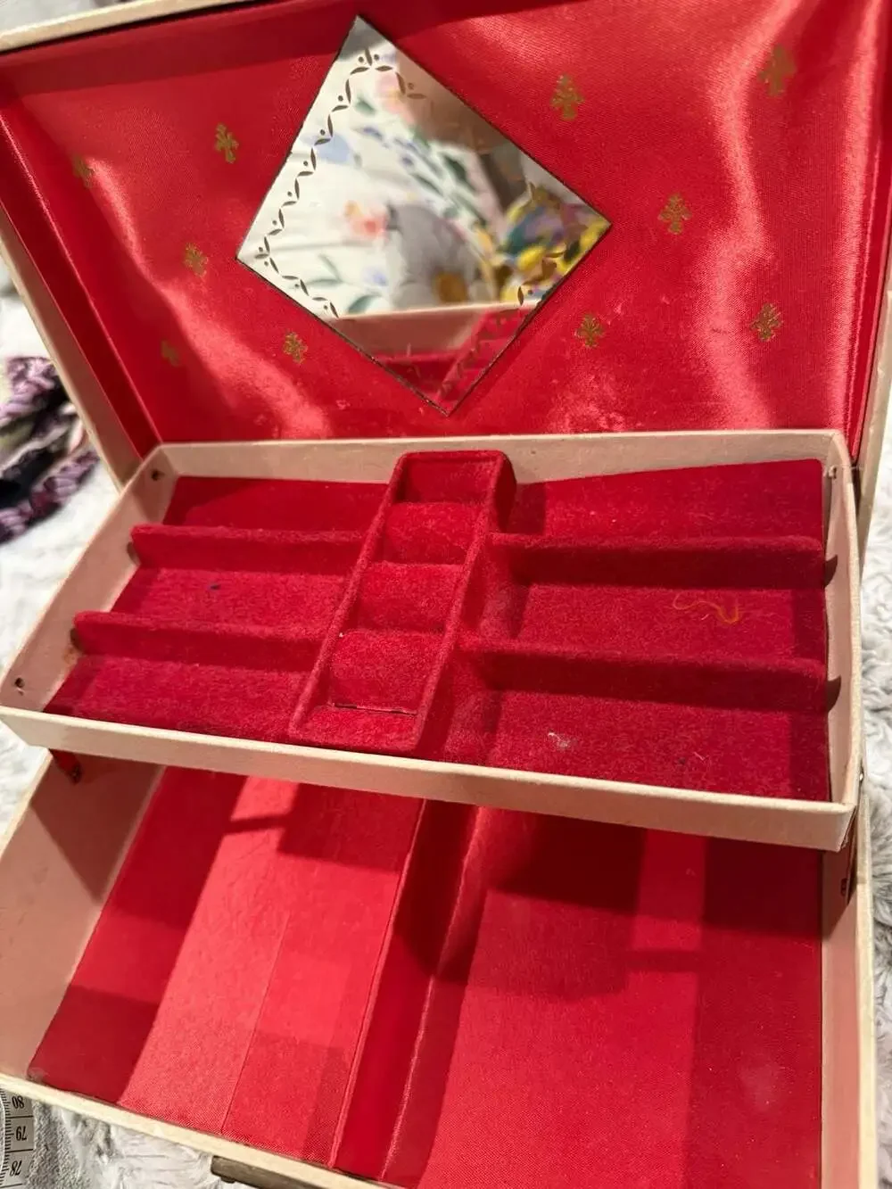 Vintage Mid-Century Jewelry Box with Red Velvet Interior and Mirror